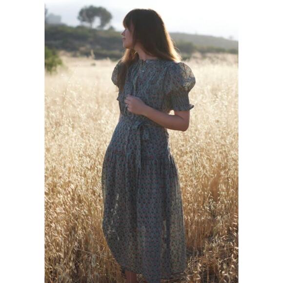 New Daughters of India Floral Prairie Tiered Dress Sage Green Button Front Sz XS - Picture 1 of 13